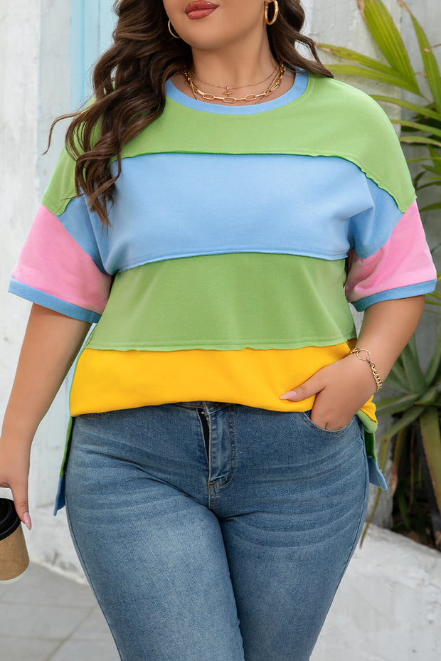 Light Blue Color Block Exposed Seam Patchwork Plus Size T Shirt