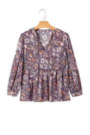 Blue Boho Flower Print 3/4 Sleeve Babydoll Blouse