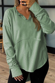 Smoke Green Notched Neck Terry Raw Hem Long Sleeve Top