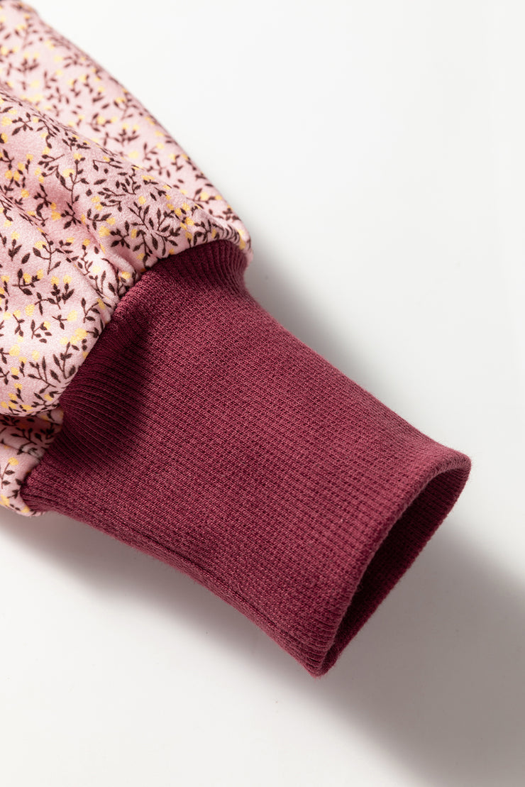 Red Sandalwood Plaid Colorblock Patchwork Sleeve Raw Seam Sweatshirt