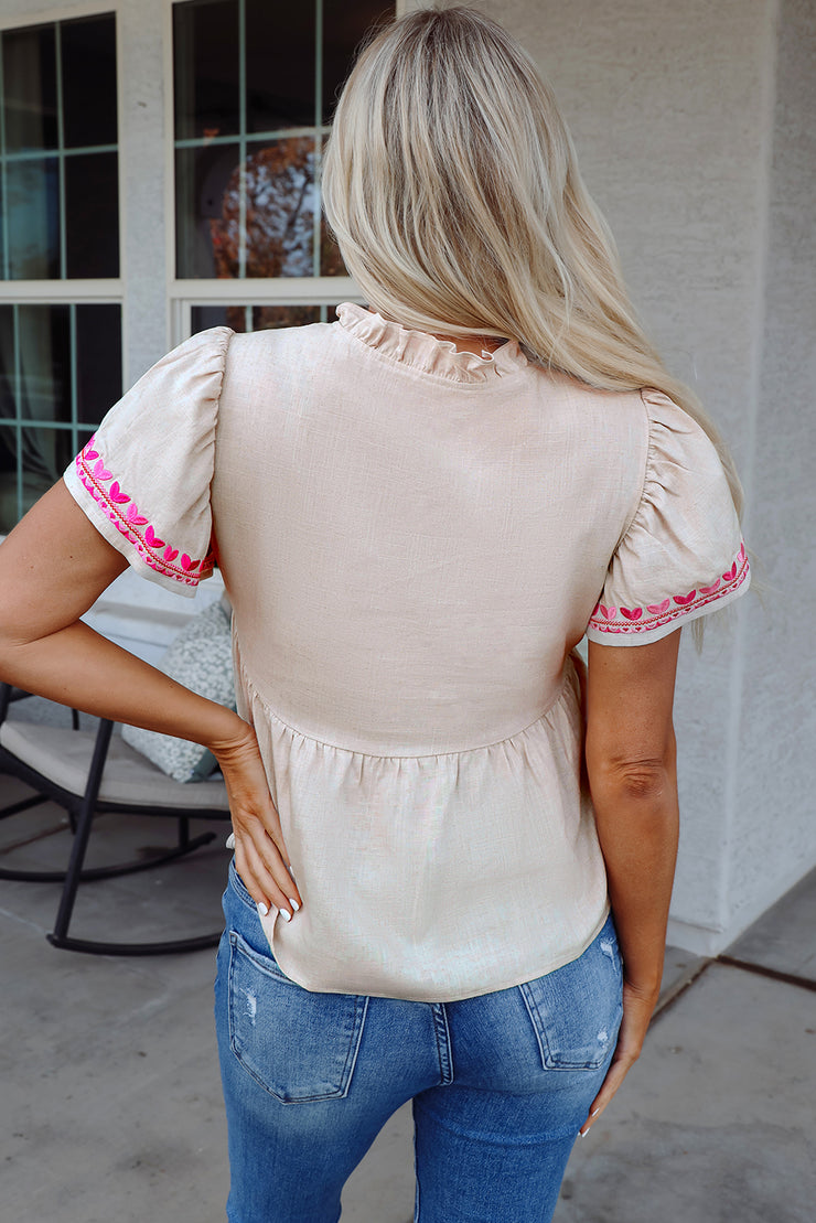 Beige Floral Embroidered Short Sleeve Notched V Neck Blouse
