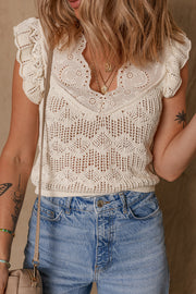 Beige Embroidered Patchwork Hollow Out Knitted Ruffle Sweater Vest