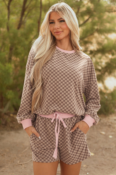 Brown Checkerboard Long Sleeve Pullover and Shorts Set