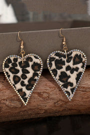 Pendientes con forma de corazón y estampado de leopardo con bordes de diamantes de imitación multicolor