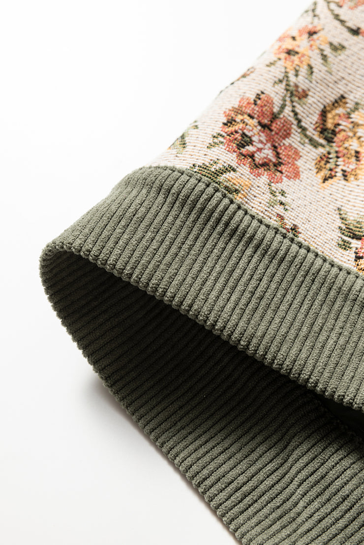 Sage Green Ribbed Retro Floral Patchwork Shirt Style Jacket