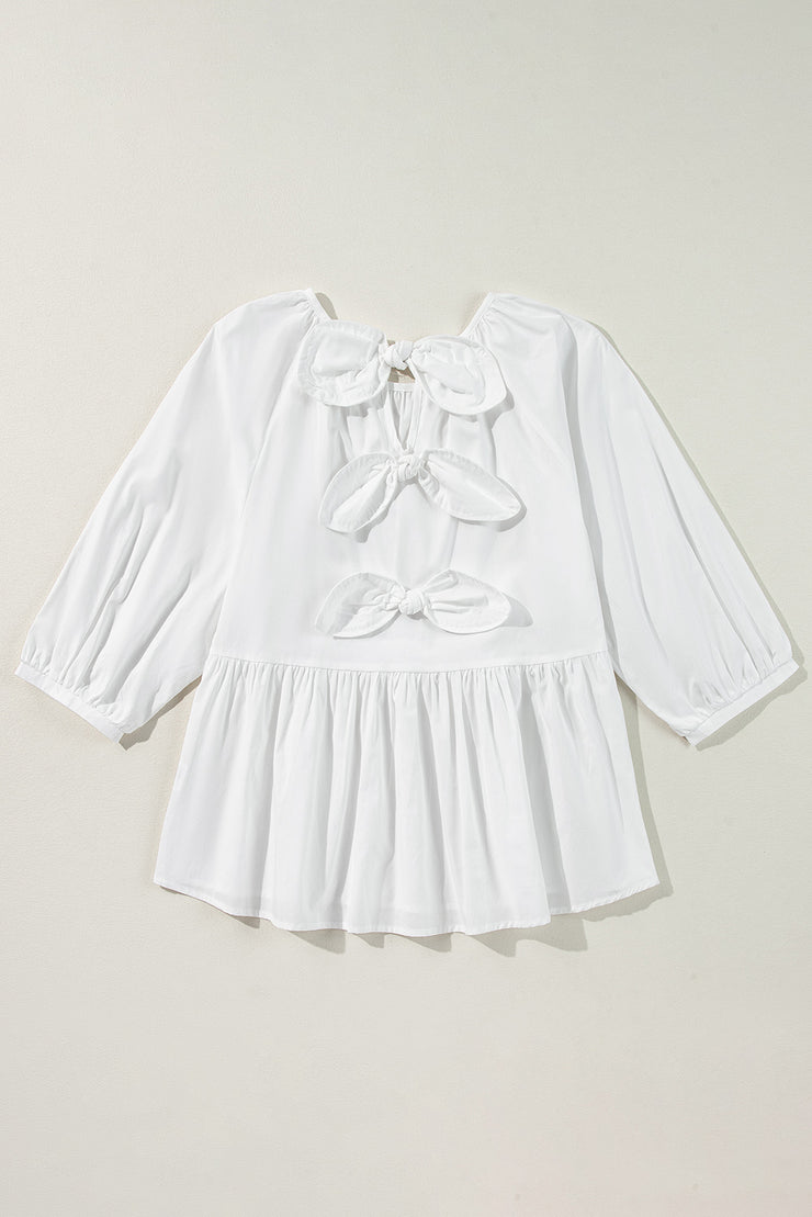 White Bow Knot Cutout Back Loose Fit 3/4 Sleeve Blouse