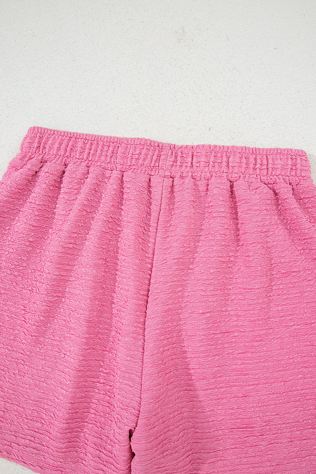 Pink Textured V Neck T Shirt and Shorts Set