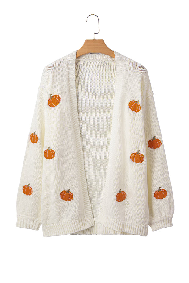 White Pumpkin Print Open Front Drop Shoulder Midi Cardigan