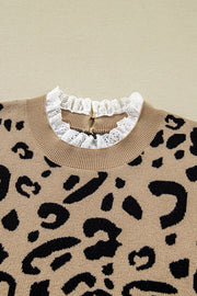 Brown Leopard Knitted Lacy Trim Cuffed Plus Size Sweater