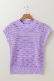 Lavendula Pointelle knit Ribbed Trim Short Sleeve Sweater