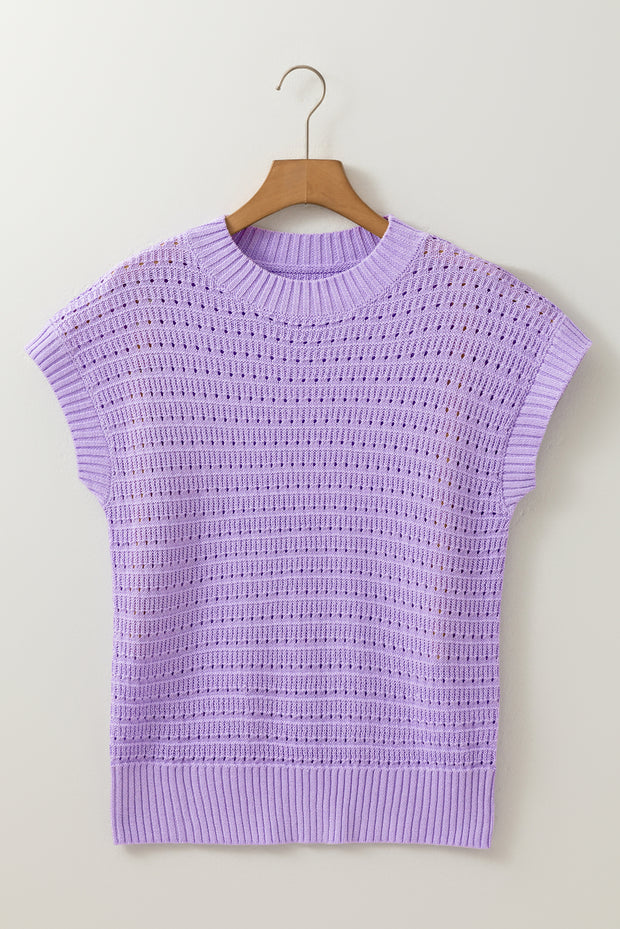 Lavendula Pointelle knit Ribbed Trim Short Sleeve Sweater