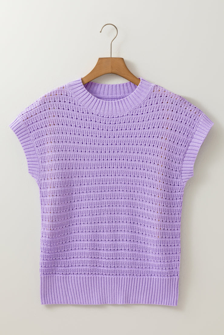 Lavendula Pointelle knit Ribbed Trim Short Sleeve Sweater