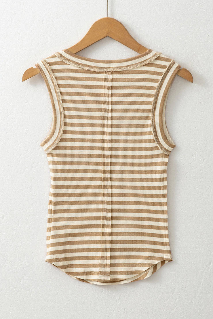 Khaki Stripe Exposed Seam Trim Round Neck Sleeveless Top