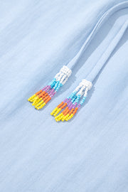 Beau Blue Floral Embroidered Puff Sleeve Split Neck Blouse