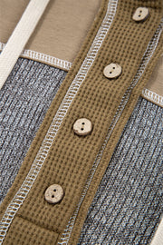 Jungle Green Mixed Texture Patchwork Exposed Seam Half Button Pullover Hooded Sweatshirt