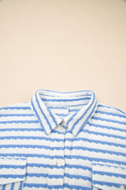 Sky Blue Stripe Half Button Collared Chest Pockets Loose Fit Blouse