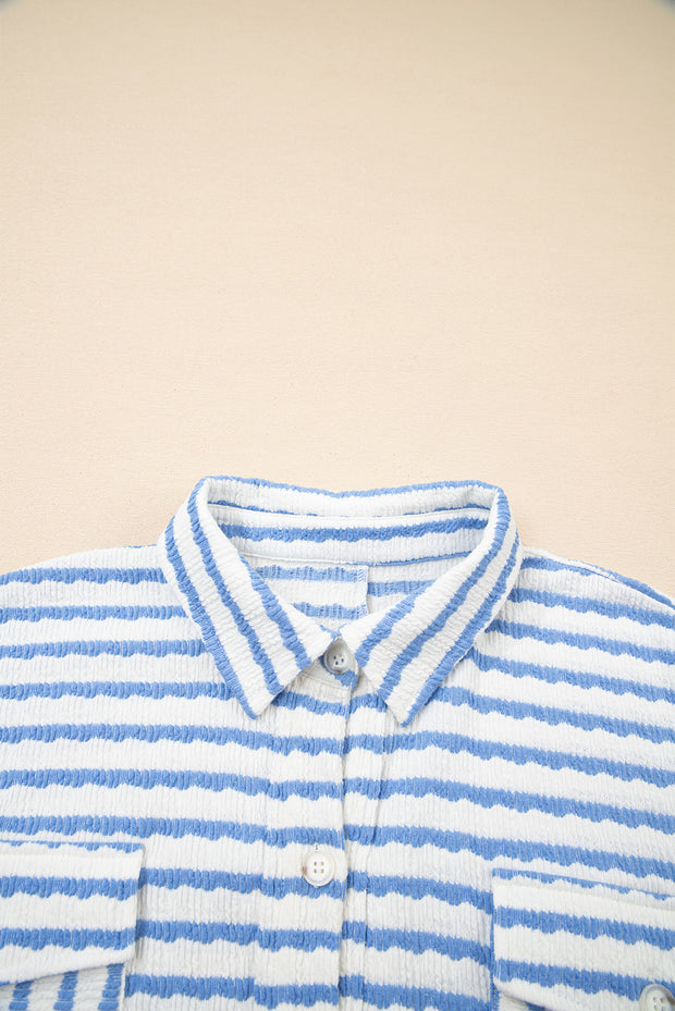 Sky Blue Stripe Half Button Collared Chest Pockets Loose Fit Blouse