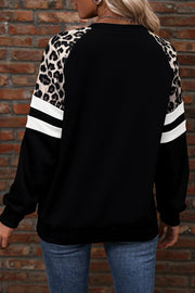 Black Leopard Print Colorblock Raglan Sleeve Sweatshirt