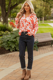 Orange Botanical Print Single Chest Pocket Button Up Shirt