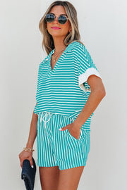 Sky Blue Stripe V Neck Tee and Casual Short Set