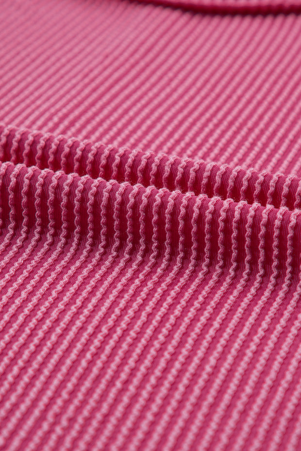 Rose Red Textured Knit Exposed Stitching T-shirt