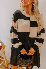 Black Stripe Two in One Knitted Top High Waist Splicing Hem Sweater Dress