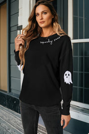 Black Spooky Season Halloween Ghost Printed Drop Shoulder Sweatshirt