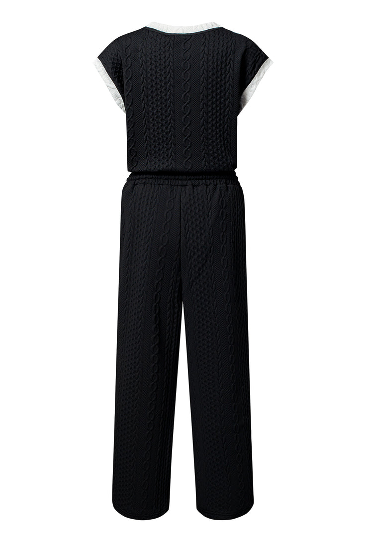 Black Cable Knit Contrast Trim Short Sleeve Top and Pants Set