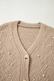 Smoke Gray Pearl Embellished Button Front V Neck Sweater Cardigan