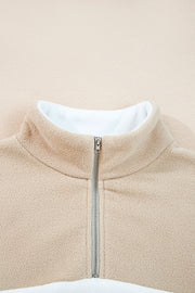 Parchment Fleece Colorblock Patchwork Zipped Neck Pullover Sweatshirt
