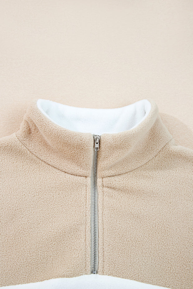 Parchment Fleece Colorblock Patchwork Zipped Neck Pullover Sweatshirt