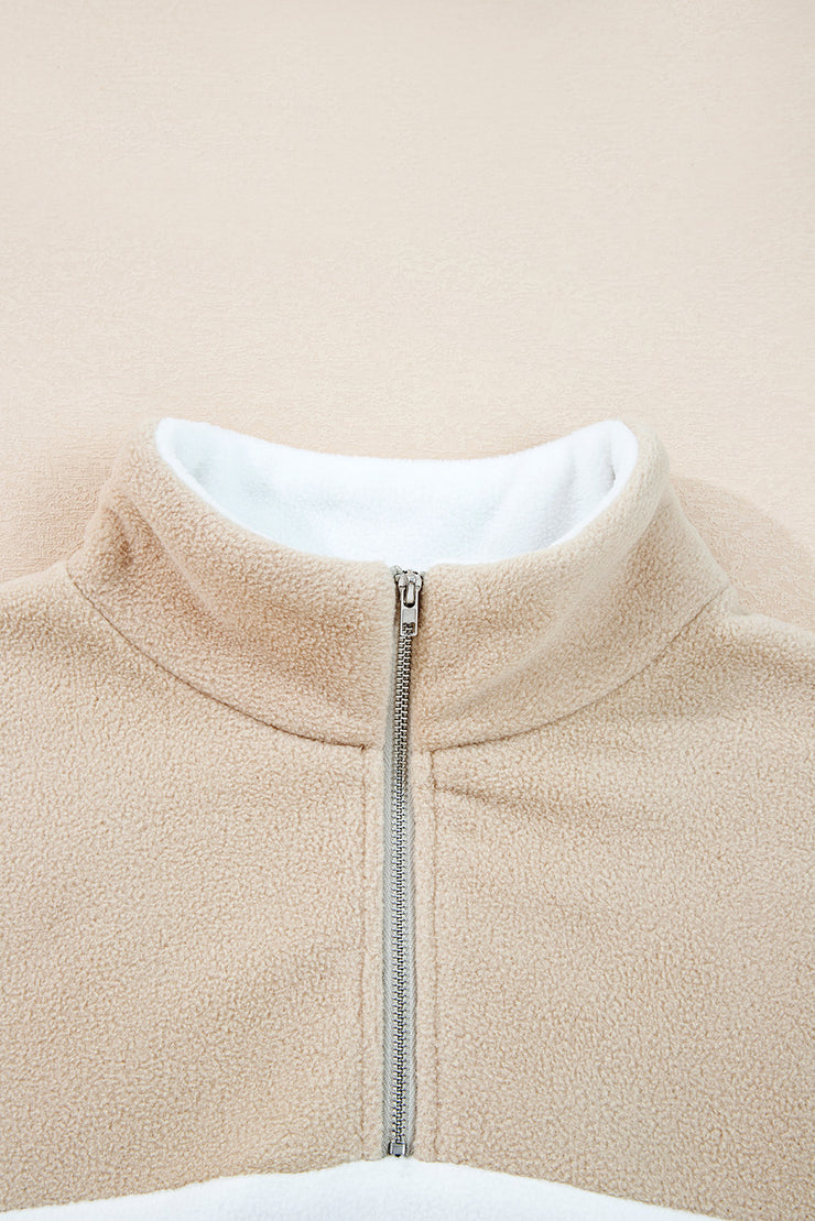Parchment Fleece Colorblock Patchwork Zipped Neck Pullover Sweatshirt