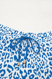 Blue Leopard Elastic Waist Lace up Contrast Trim Casual Shorts