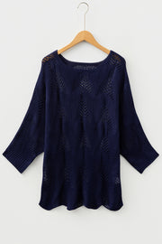 Navy Blue Hollow Out Knit 7/8 Sleeve Casual Sweater