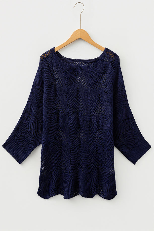 Navy Blue Hollow Out Knit 7/8 Sleeve Casual Sweater