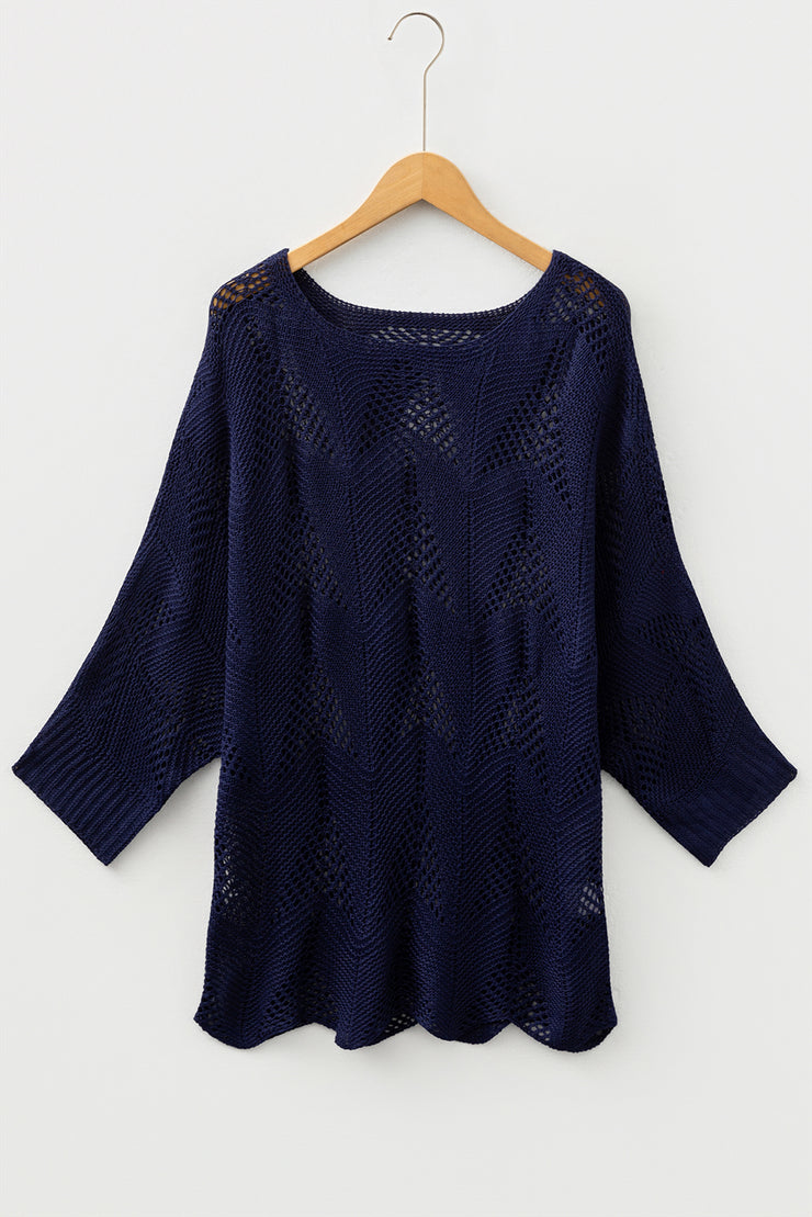 Navy Blue Hollow Out Knit 7/8 Sleeve Casual Sweater