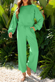 Bright Green Drop Shoulder Puff Sleeve Crop Pullover Drawstring Wide Leg Pants Set
