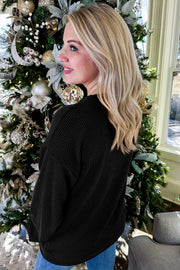 Black Twisted Rib Outlined Merry Letter Graphic Loose Long Sleeve Top