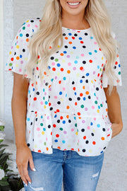 White Colorful Polka Dot Short Sleeve Tiered Ruffled Babydoll Blouse