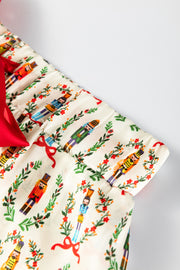 Beige Nutcracker Print Contrast Trim Tied up Bow Silky 2pcs Pajama Set