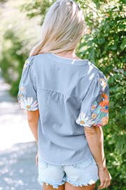 Beau Blue Floral Embroidered Puff Sleeve Split Neck Blouse