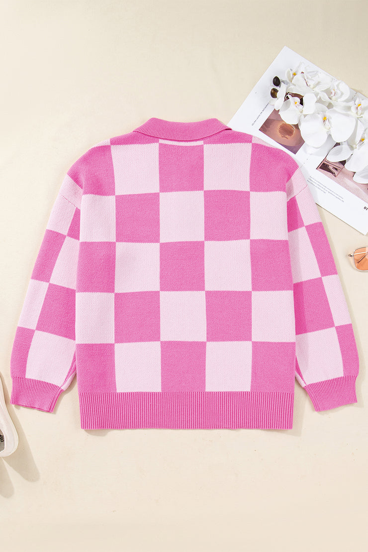 Pink Plus Size Checkered Collared Half Button Sweater