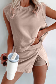 Smoke Gray 2 Pieces Mineral Wash Cotton Tank Top Lined Split Skirt Set