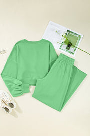 Bright Green Drop Shoulder Puff Sleeve Crop Pullover Drawstring Wide Leg Pants Set