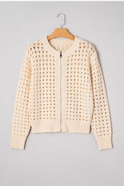 Beige Hollowed Pattern Knit Zip Up Drop Shoulder Sweater Cardigan