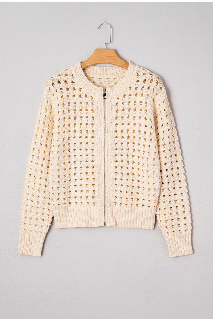 Beige Hollowed Pattern Knit Zip Up Drop Shoulder Sweater Cardigan