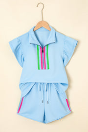 Beau Blue Striped Detail Flutter Sleeve Zipped Collar Short Set