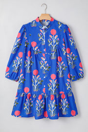 Blue Floral Print Button Detail 3/4 Puff Sleeve Ruffle Hem Dress