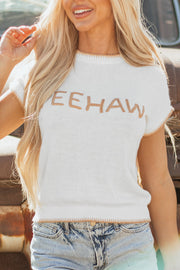 White Knitted YEEHAW Stitch Edge Crew Neck Sweater T Shirt