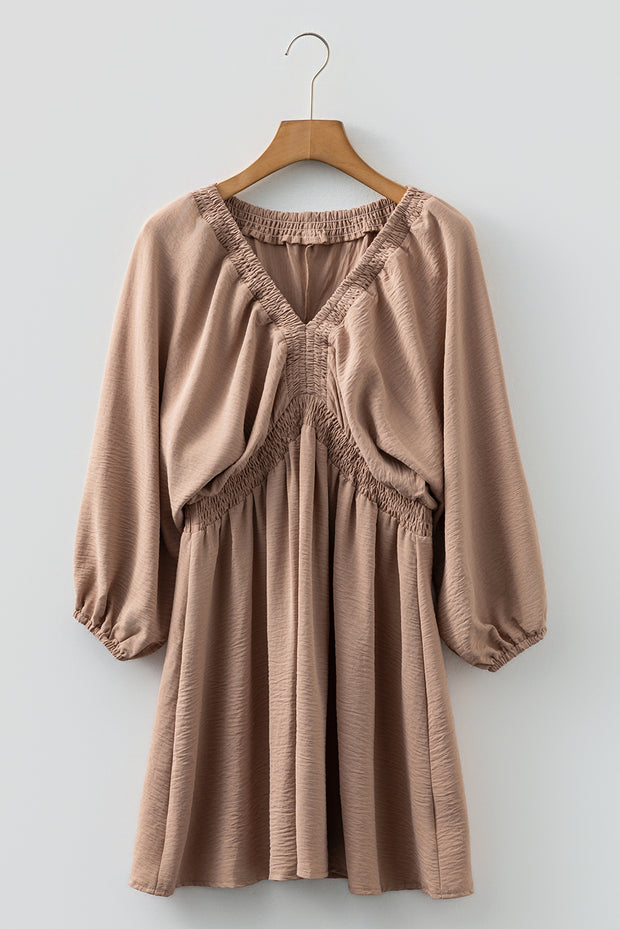Smoke Gray Deep V Neck Bubble Sleeve Smocked Mini Dress